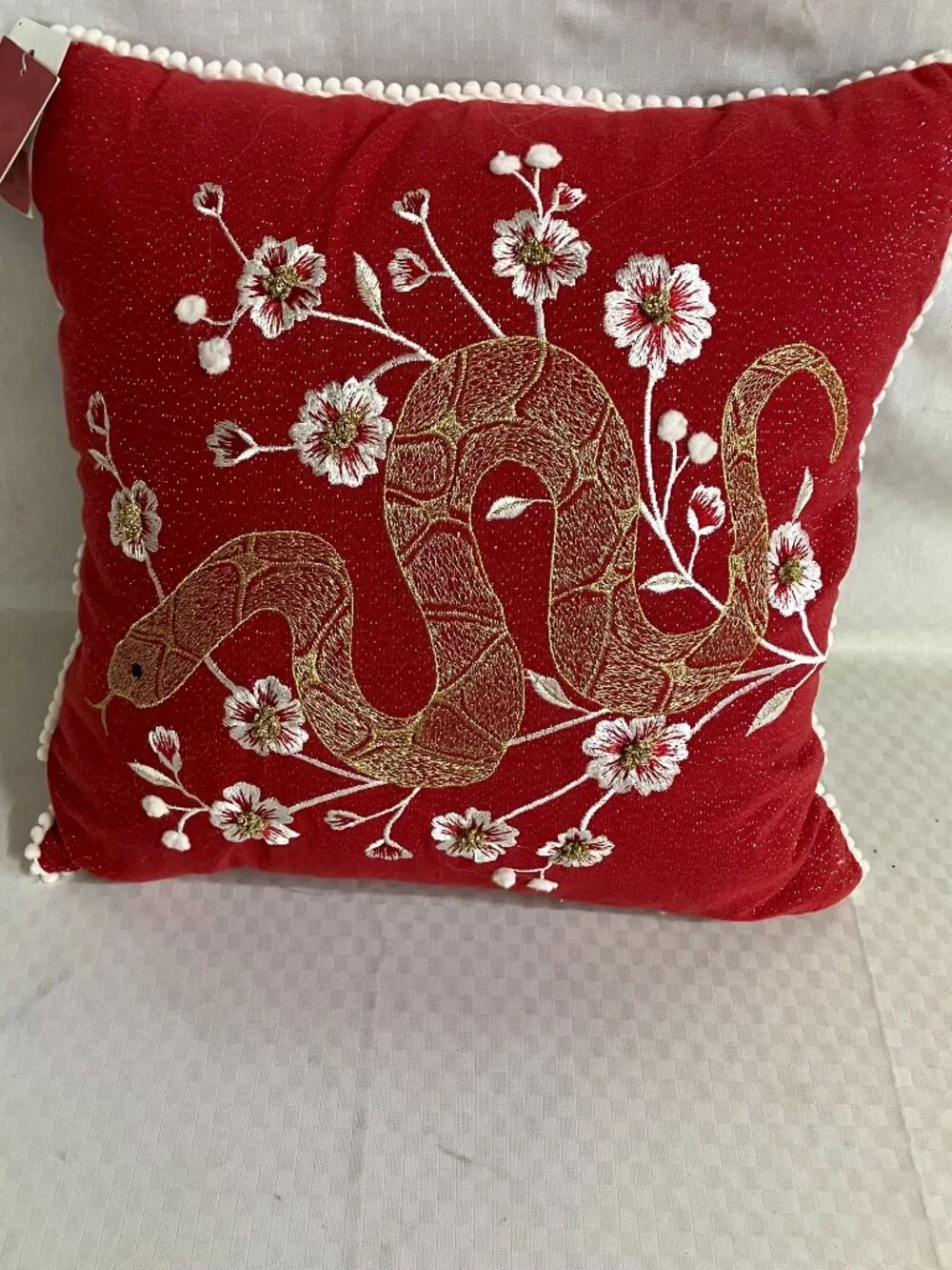 Unbranded Throw Pillow Size 16x16 Red Gold Snake Floral Embroidered